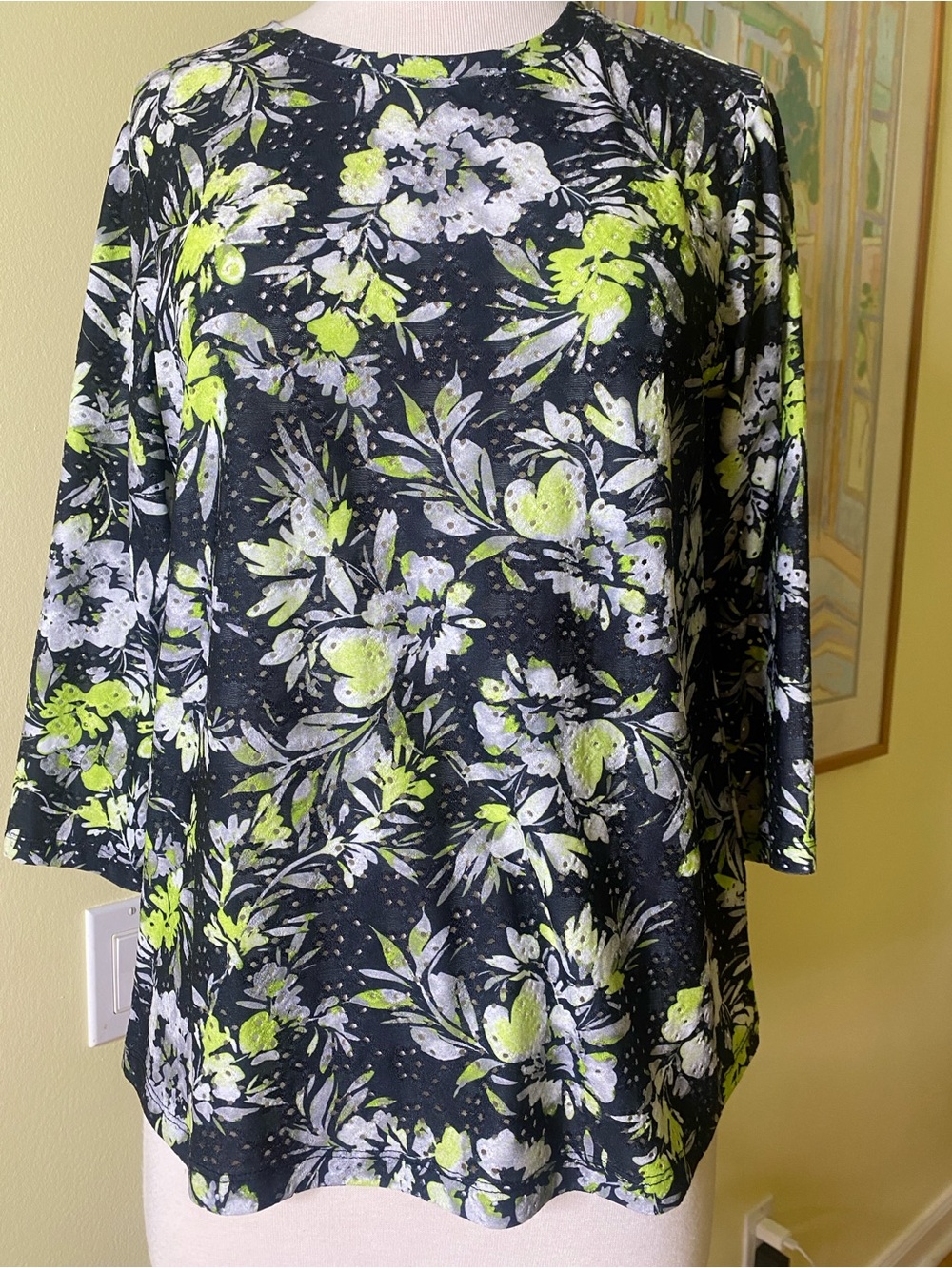 Logo Layers Floral Black & Lime Green 3/4 sleeve top
